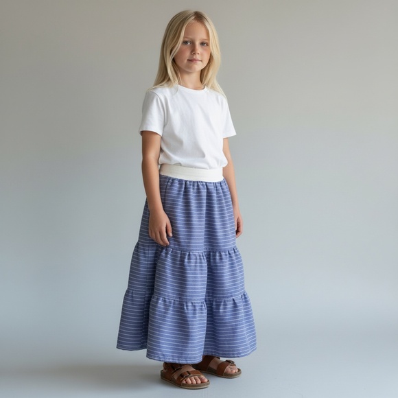 Mom and Pop's Kids Other - Skirt Girls 4/5 100%‎ Cotton Maxi Blue Stripe Ruffle Tier Mom and Pop's Kids